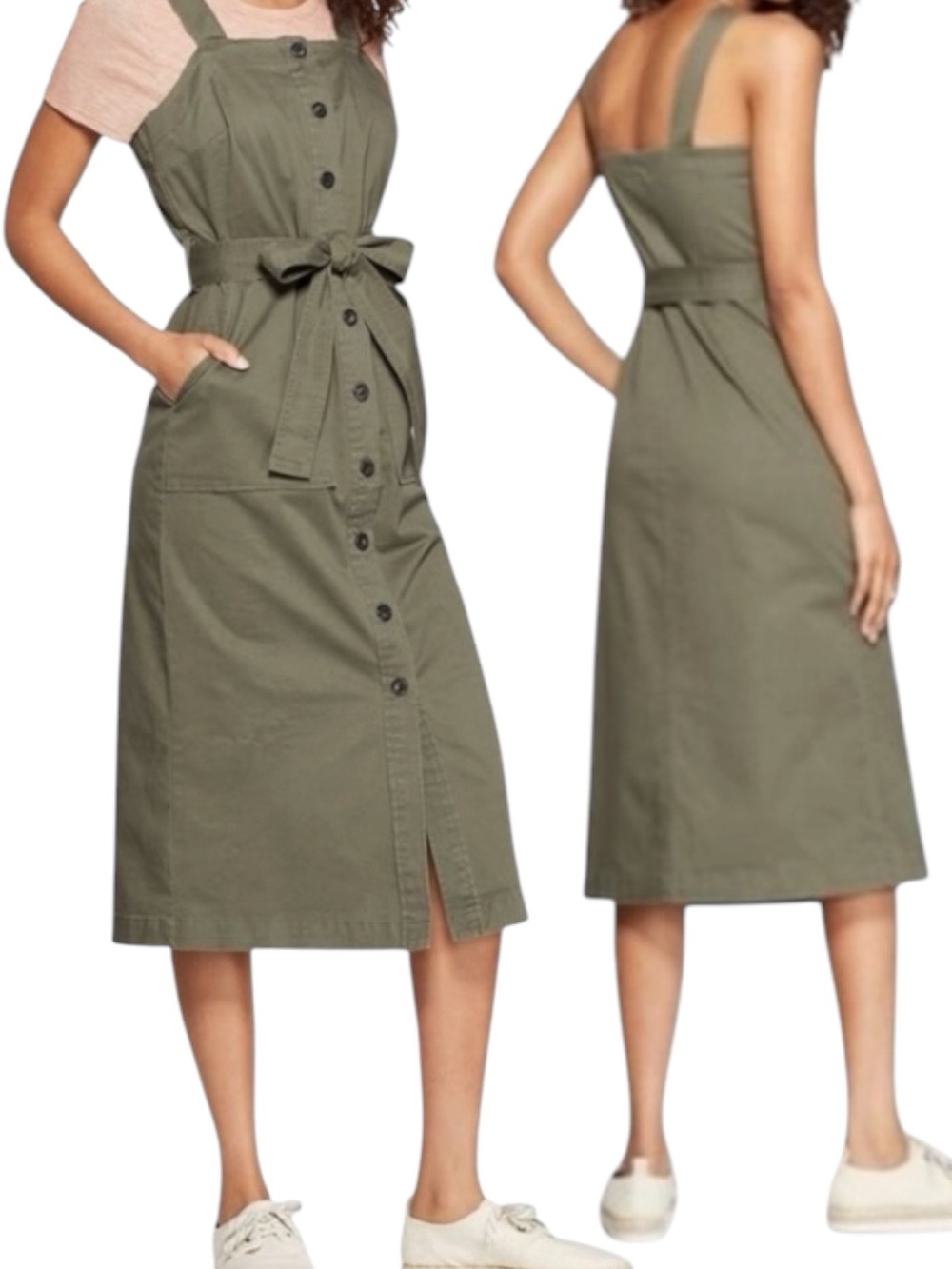 Universal Thread Olive Midi Pinafore Dress with Tie Waist